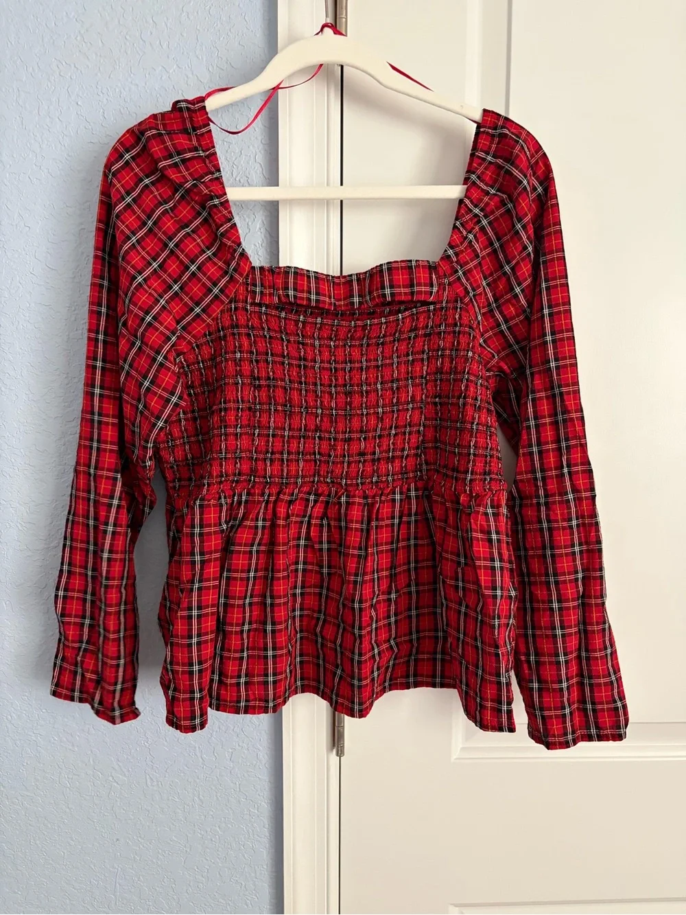 NWOT Old Navy Red Plaid Smocked Peplum Blouse